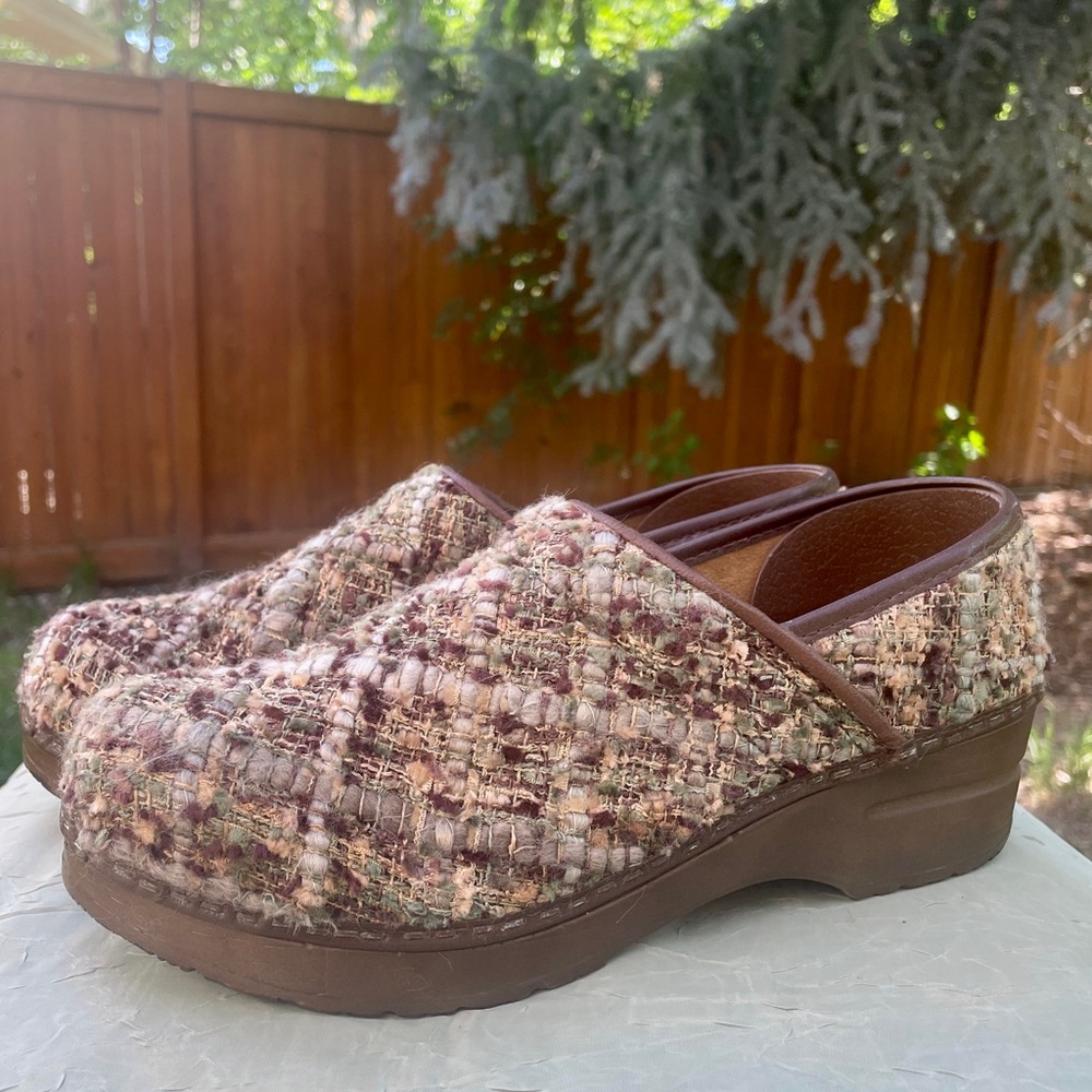 SANITA Tilly Earthy Chenille Yarn Tan Brown Cream Sage Danish Clogs EU 39 US 8.5